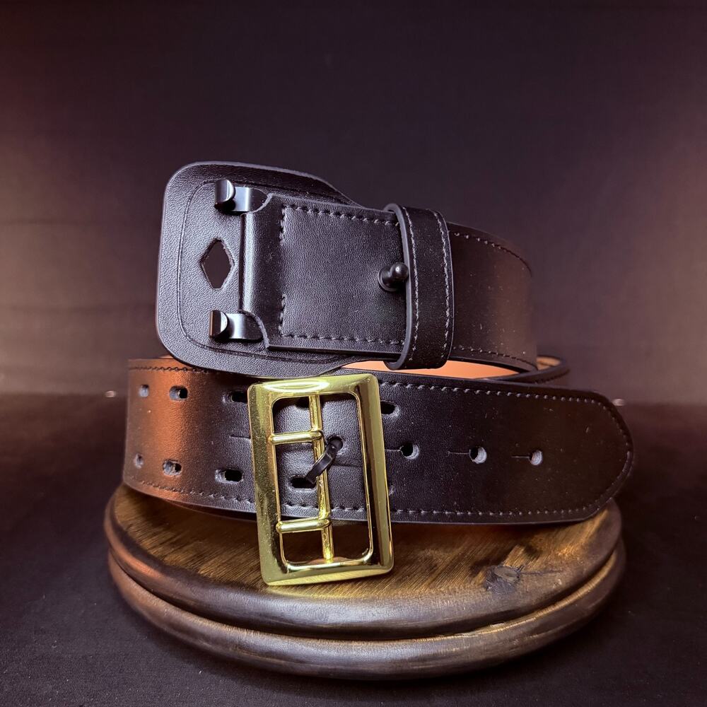Galls Sam Browne Duty Belt Size 54" Leather Brass Buckle 2.25" Wide Black 145